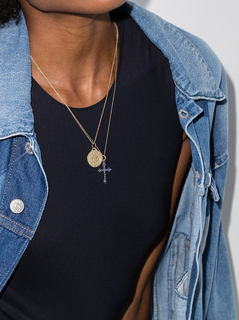 14k Yellow Gold Gothic Cross Sapphire Necklace