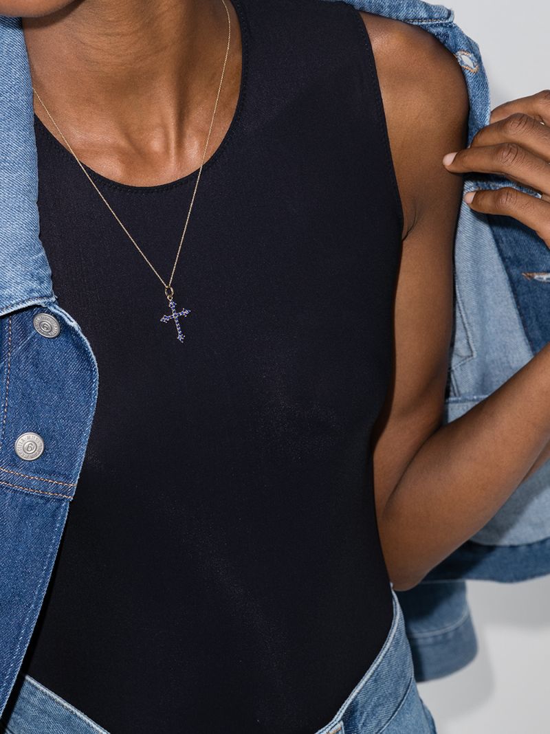 14k Yellow Gold Gothic Cross Sapphire Necklace