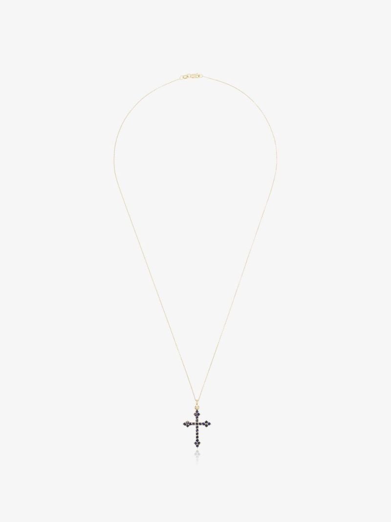 14k Yellow Gold Gothic Cross Sapphire Necklace