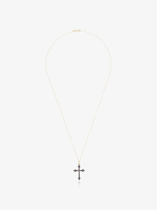 14k Yellow Gold Gothic Cross Sapphire Necklace