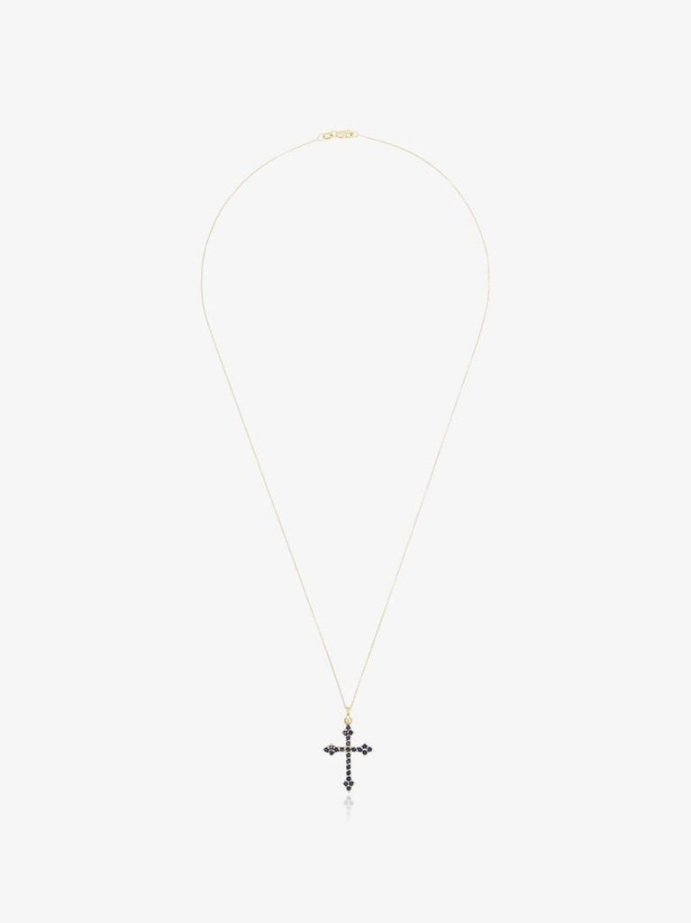 14k Yellow Gold Gothic Cross Sapphire Necklace
