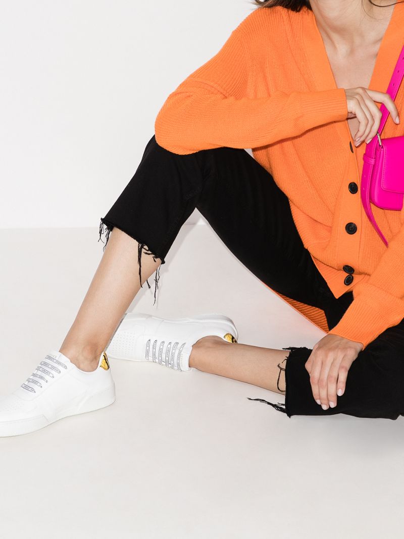 White Baroque Print Leather Sneakers