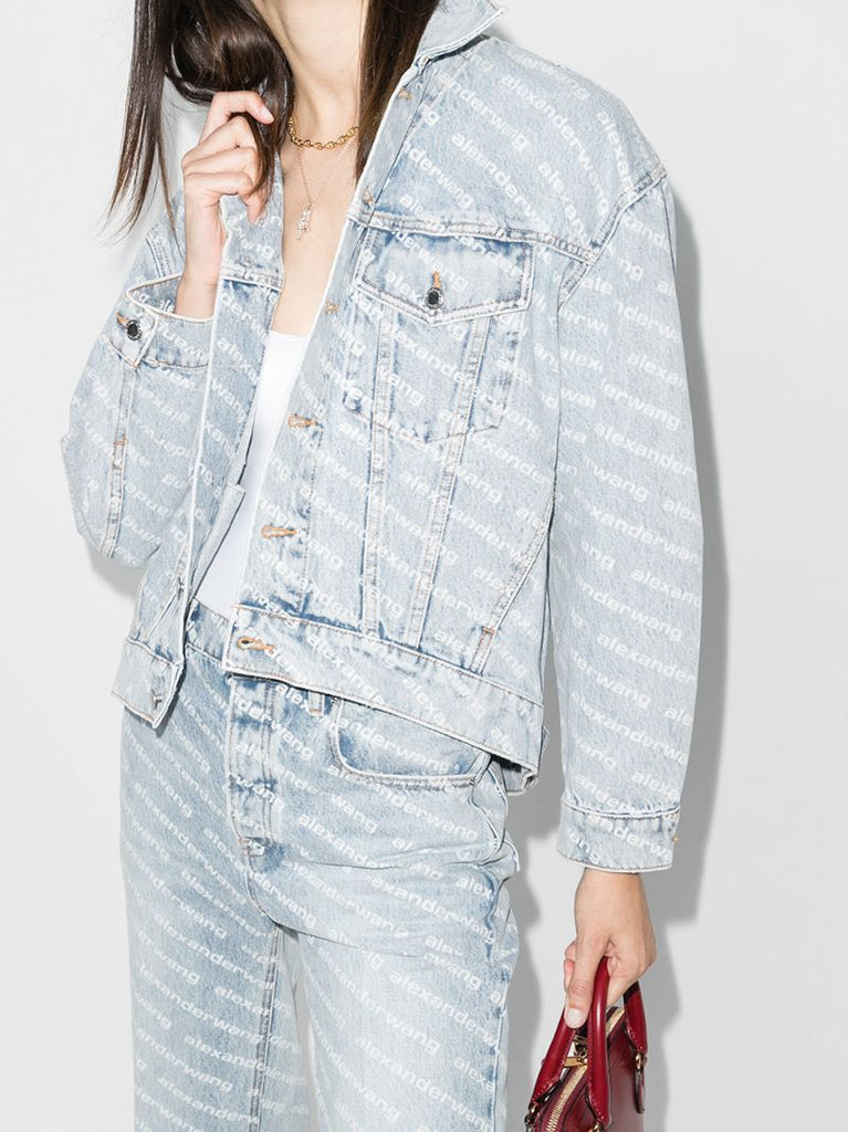 Blue Falling Back Logo Print Denim Jacket