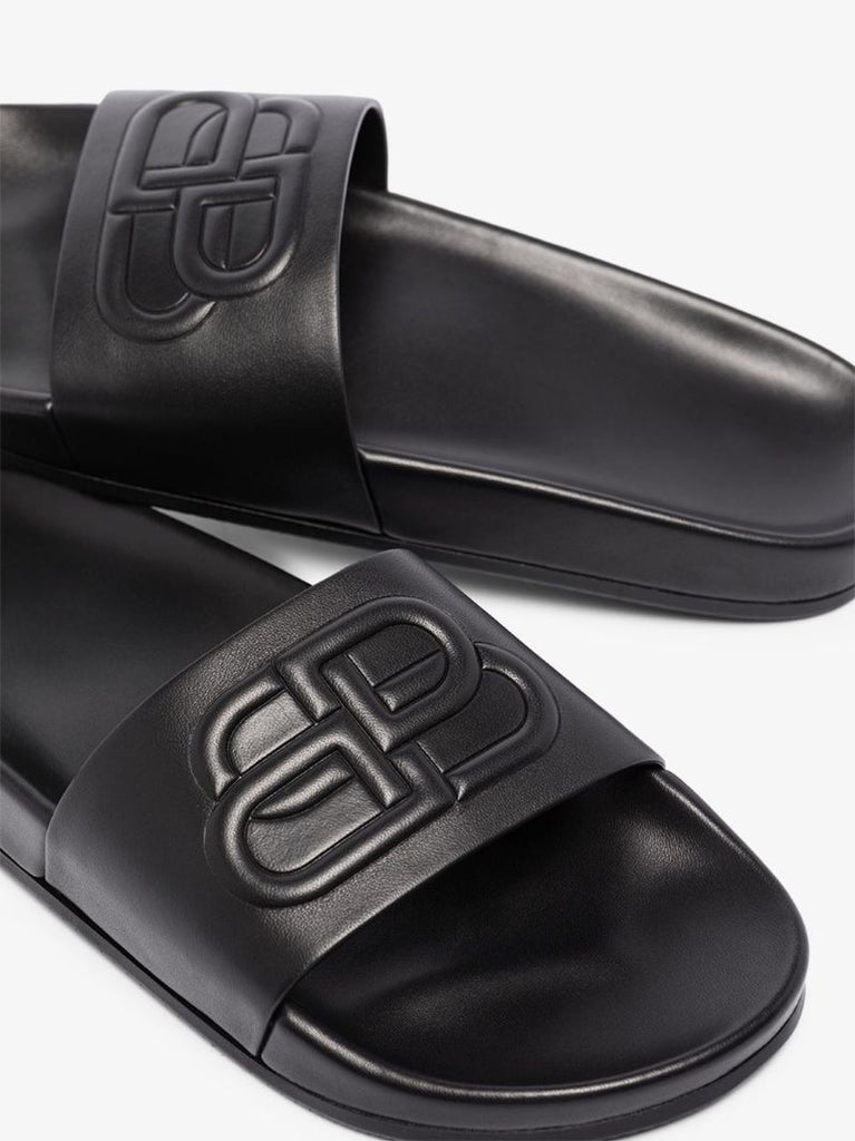 Black Leather Slides
