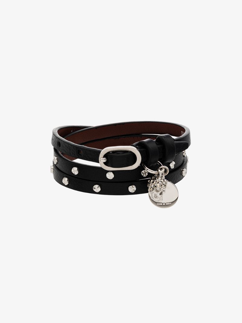 Black Studded Skull Wrap Leather Bracelet