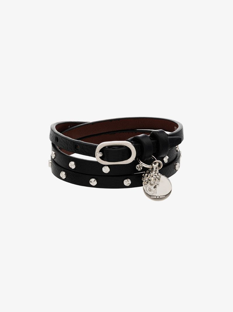 Black Studded Skull Wrap Leather Bracelet
