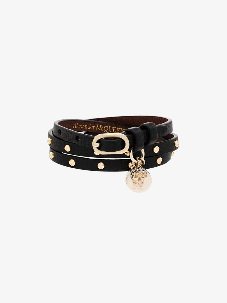 Black Studded Skull Wrap Leather Bracelet