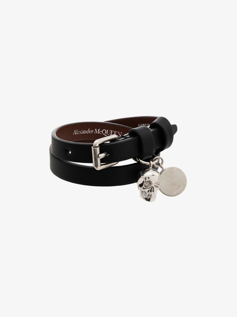 Black and Silver-tone Skull Wrap Leather Bracelet