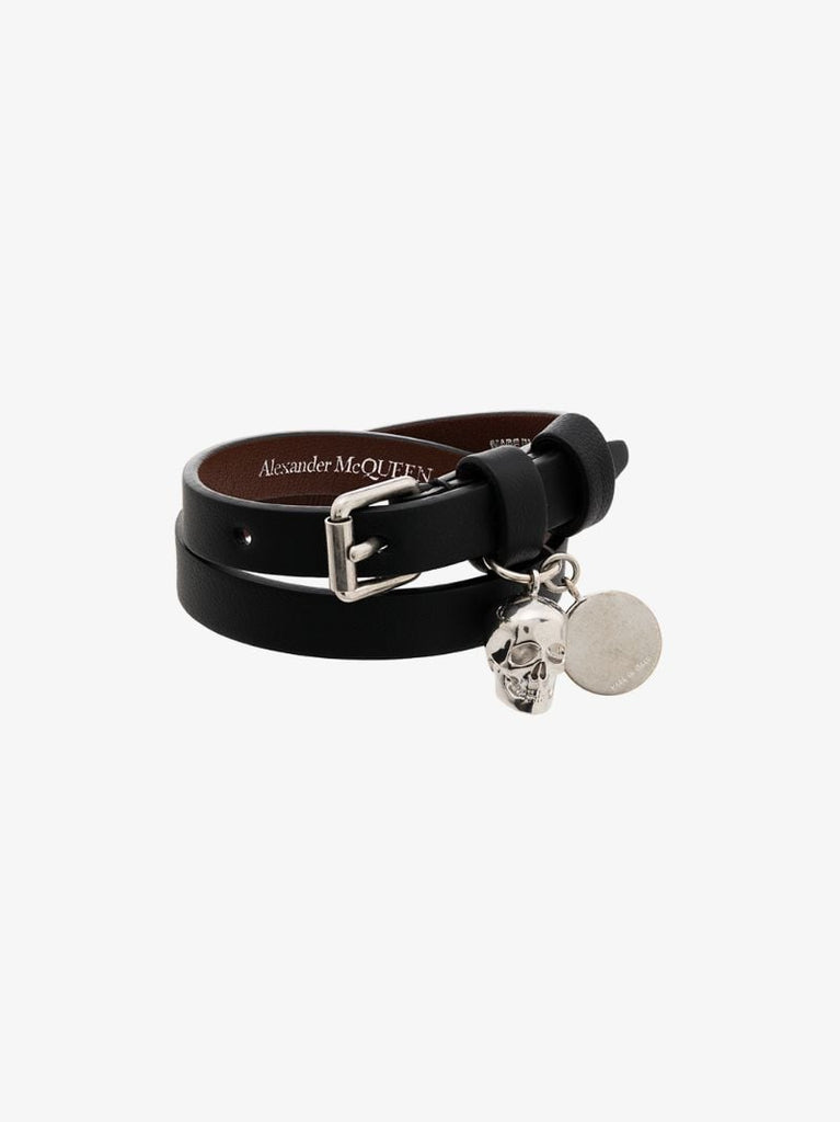 Black and Silver-tone Skull Wrap Leather Bracelet