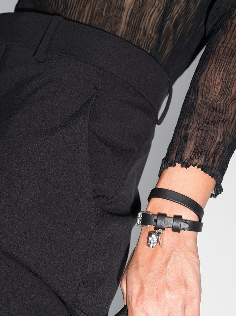 Black and Silver-tone Skull Wrap Leather Bracelet