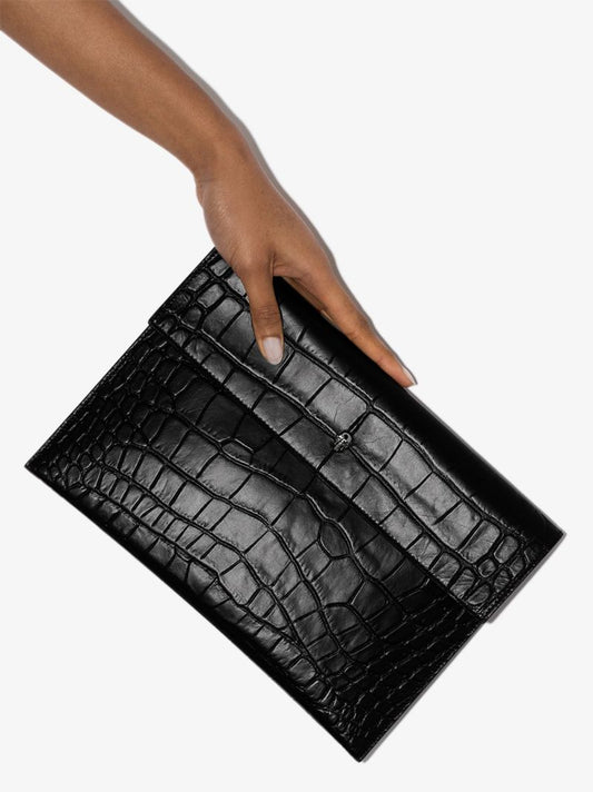 Black Mock Croc Leather Envelope Clutch Bag