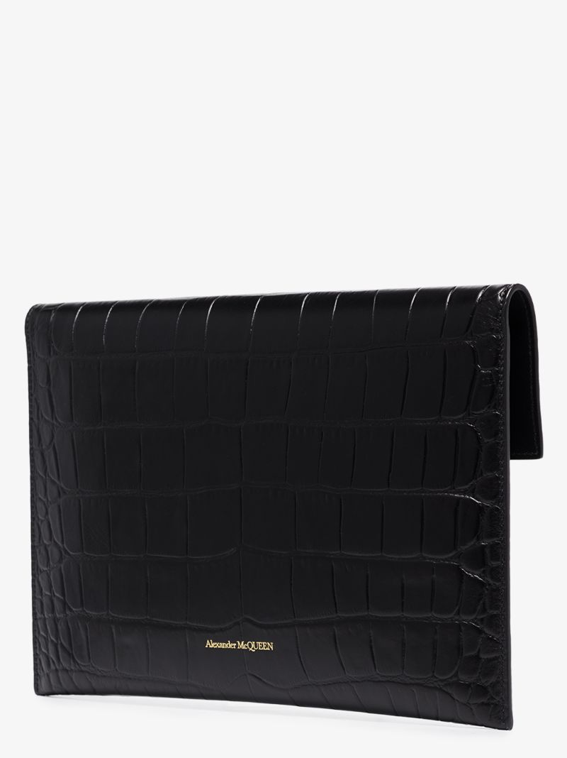 Black Mock Croc Leather Envelope Clutch Bag