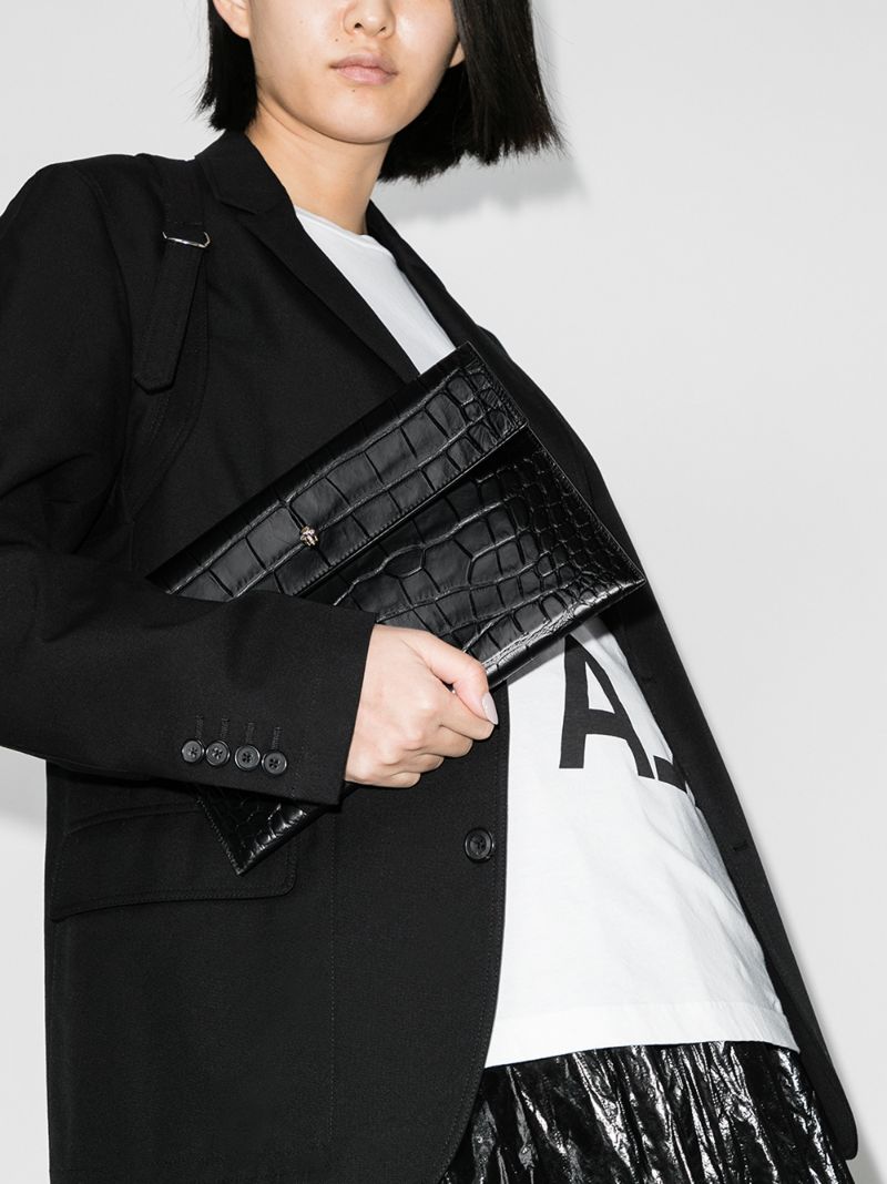 Black Mock Croc Leather Envelope Clutch Bag