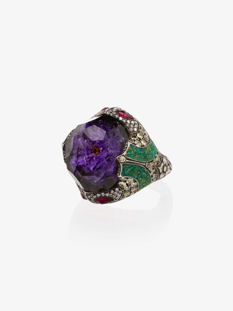 24k Yellow Gold Flower Amethyst Diamond Ring