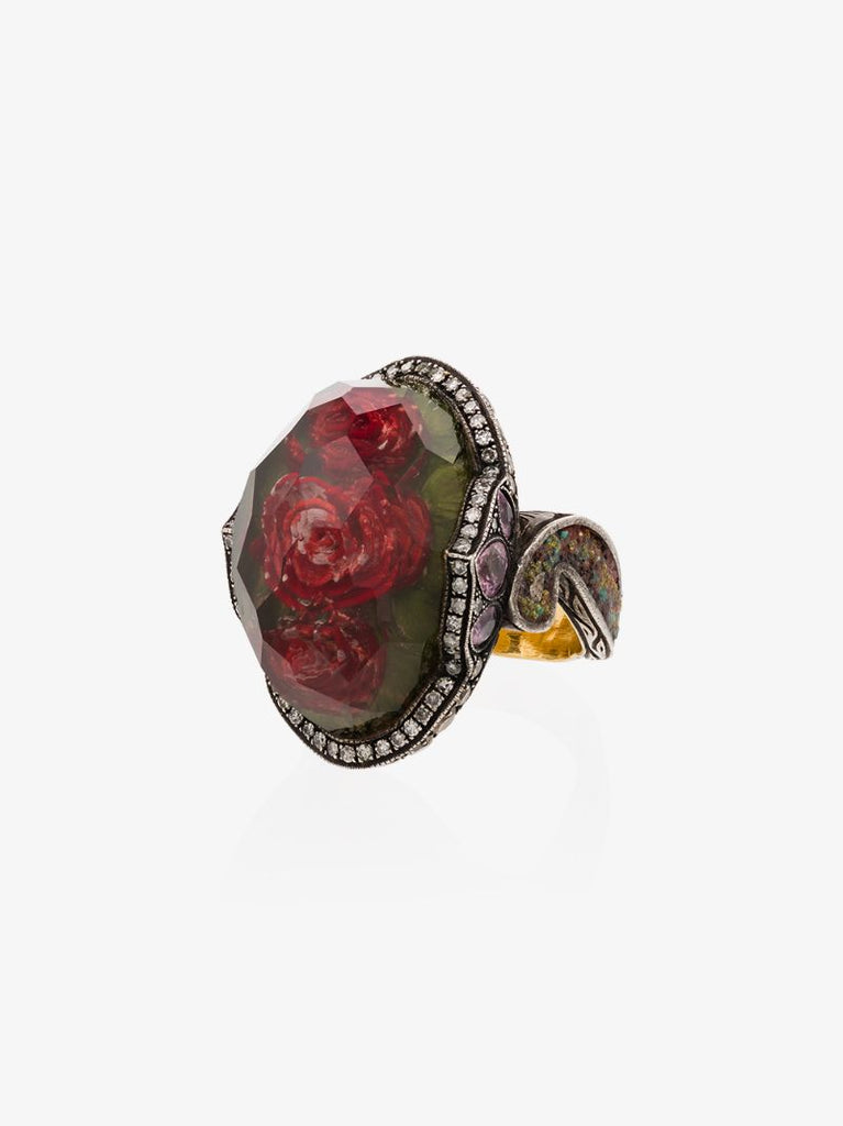 24k Yellow Gold Rose Quartz Diamond Sapphire Cocktail Ring