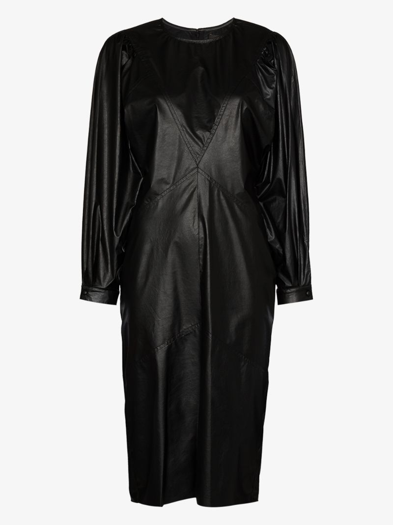 Pouf Sleeve Faux Leather Midi Dress