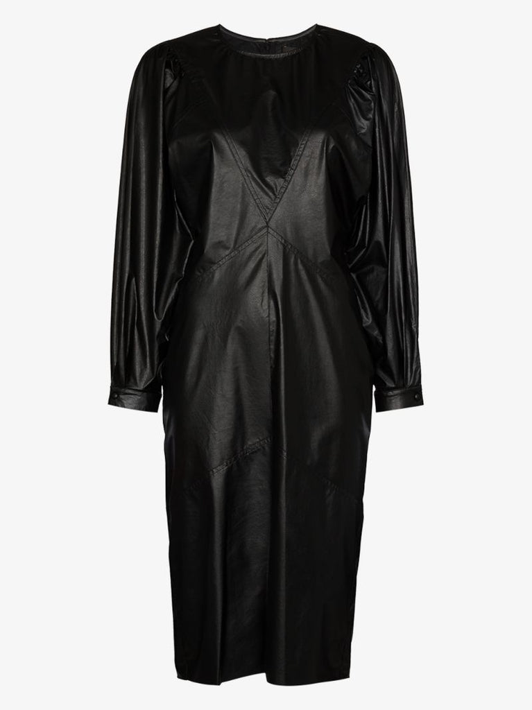 Pouf Sleeve Faux Leather Midi Dress