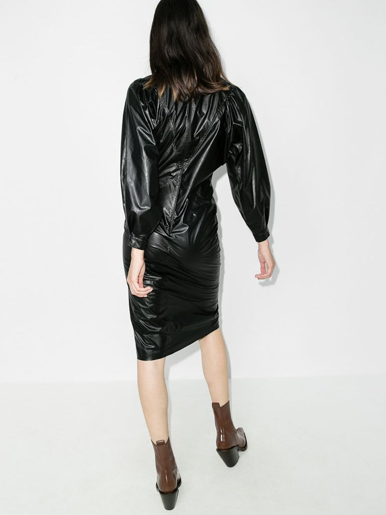 Pouf Sleeve Faux Leather Midi Dress