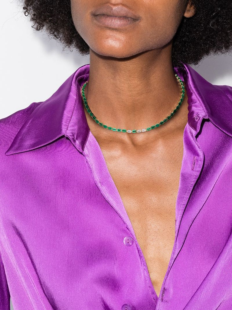 18k Yellow Gold Emerald and Diamond Tennis Choker