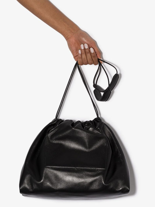 Black Drawstring Leather Shoulder Bag