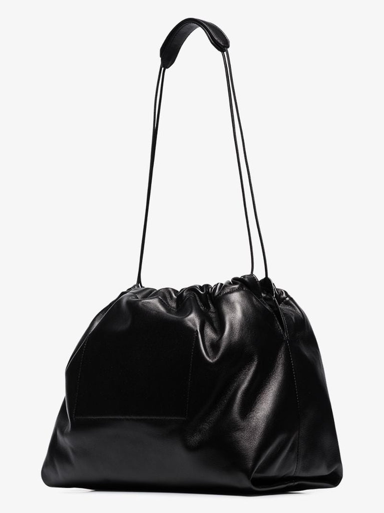 Black Drawstring Leather Shoulder Bag