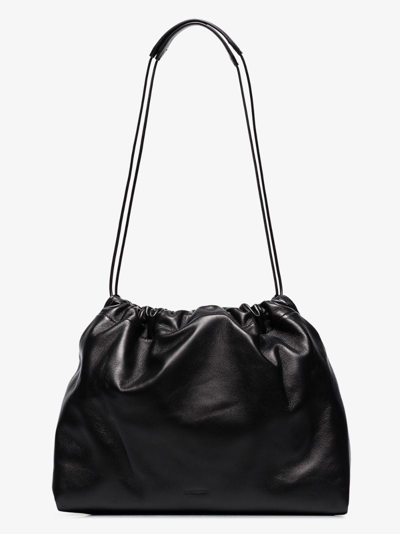 Black Drawstring Leather Shoulder Bag