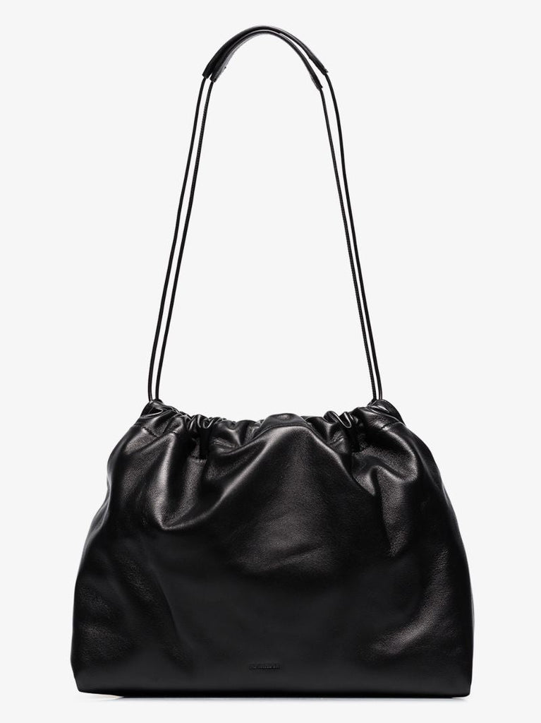 Black Drawstring Leather Shoulder Bag