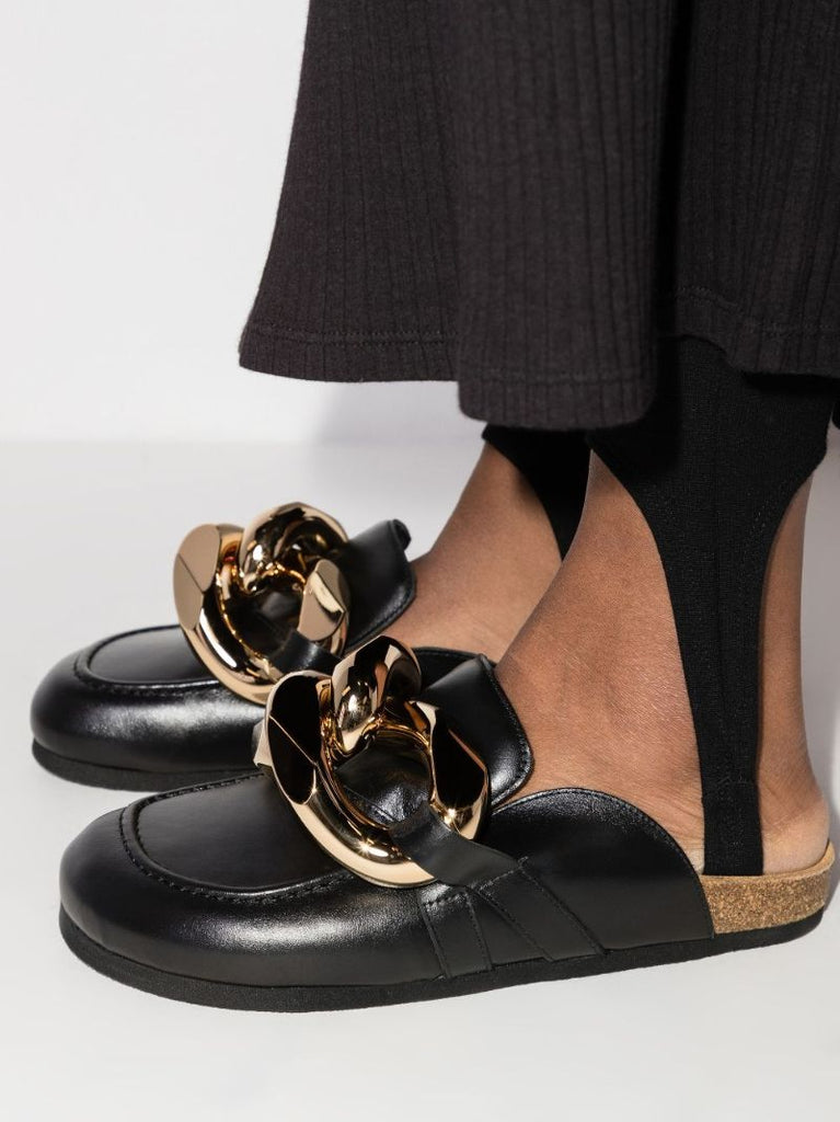 Black Chain Leather Loafer Mules