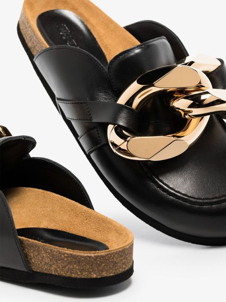 Black Chain Leather Loafer Mules