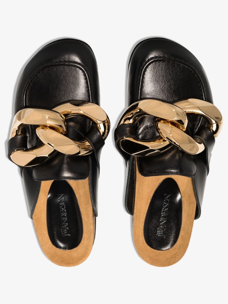 Black Chain Leather Loafer Mules