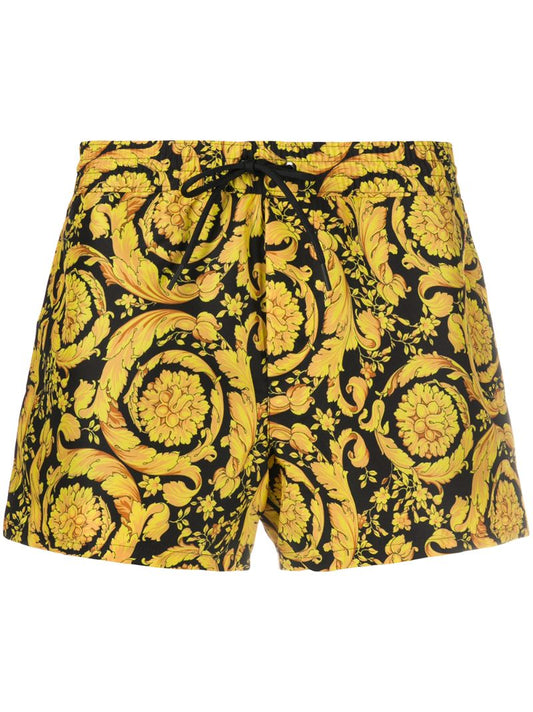 Yellow and Black Baroque Print Swim Shorts