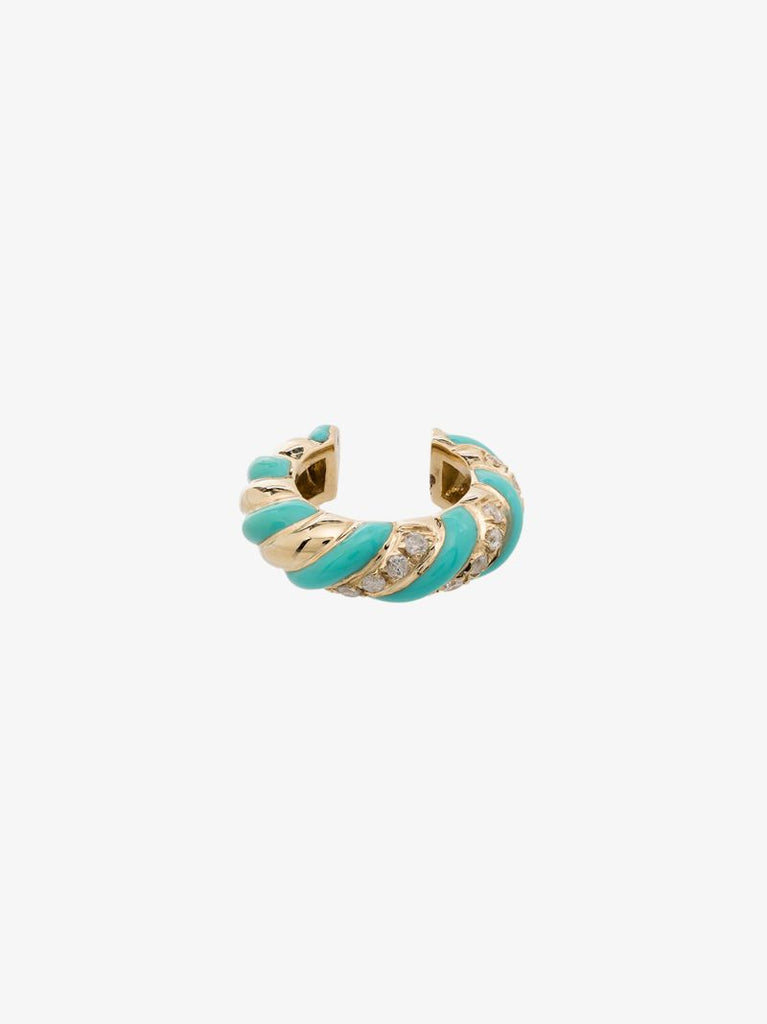 9k Yellow Gold Striped Enamel Diamond Ear Cuff