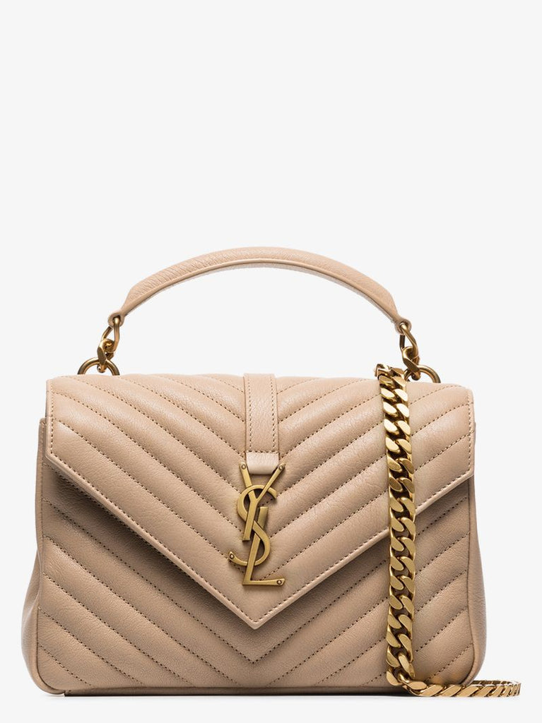 Beige College Medium Quilted Leather Top Handle Bag