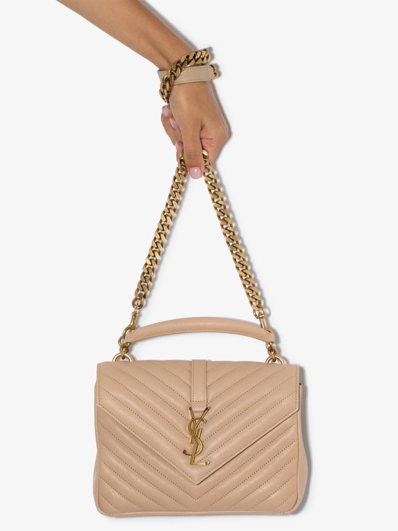 Beige College Medium Quilted Leather Top Handle Bag