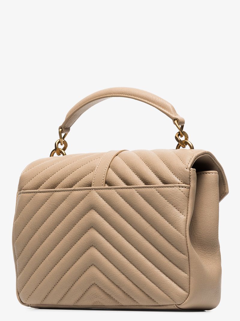Beige College Medium Quilted Leather Top Handle Bag