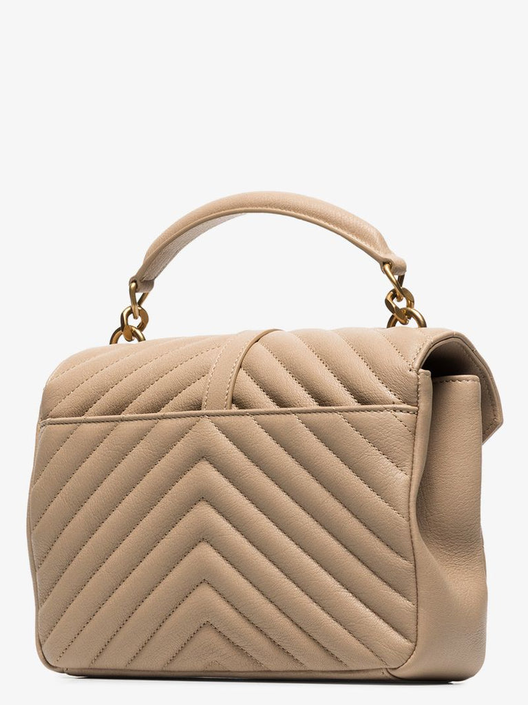 Beige College Medium Quilted Leather Top Handle Bag