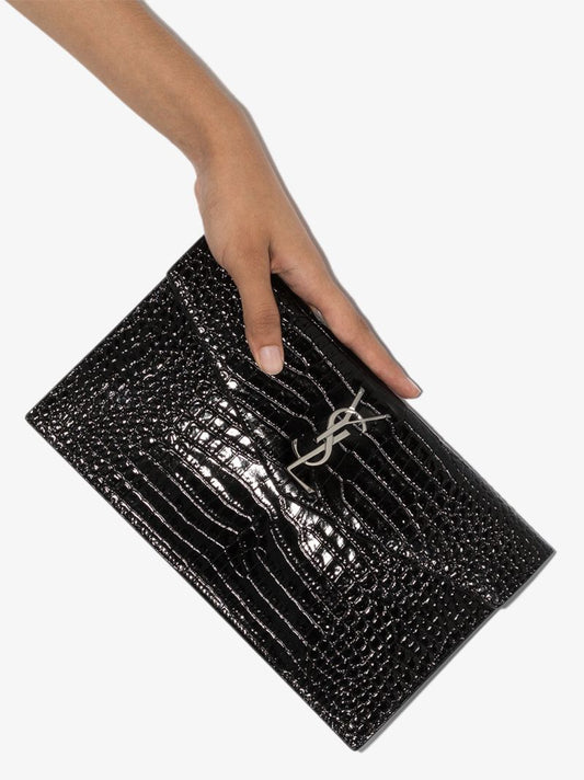 Black Uptown Mock Croc Leather Clutch Bag