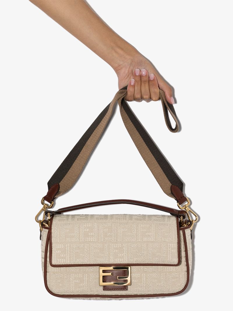 Neutral Baguette Leather Canvas Bag