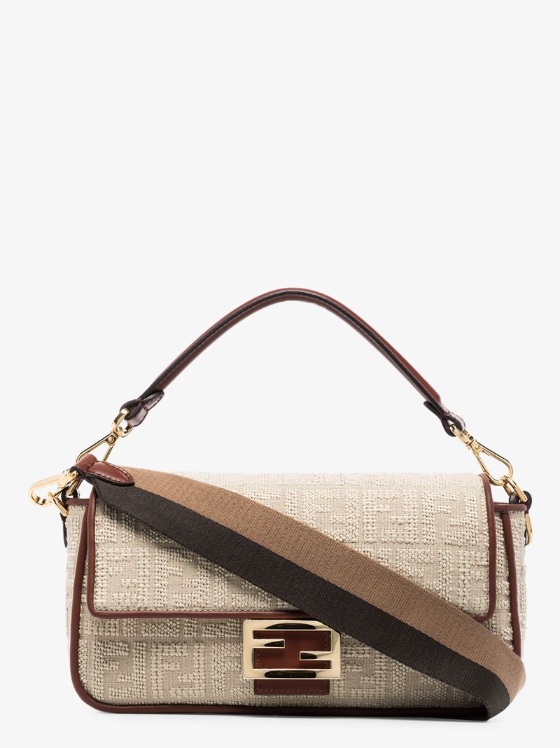 Neutral Baguette Leather Canvas Bag
