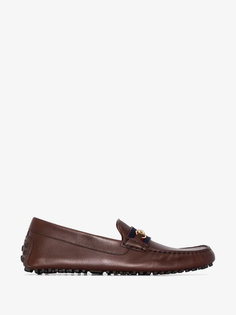 Brown Web Detail Leather Driving Loafers