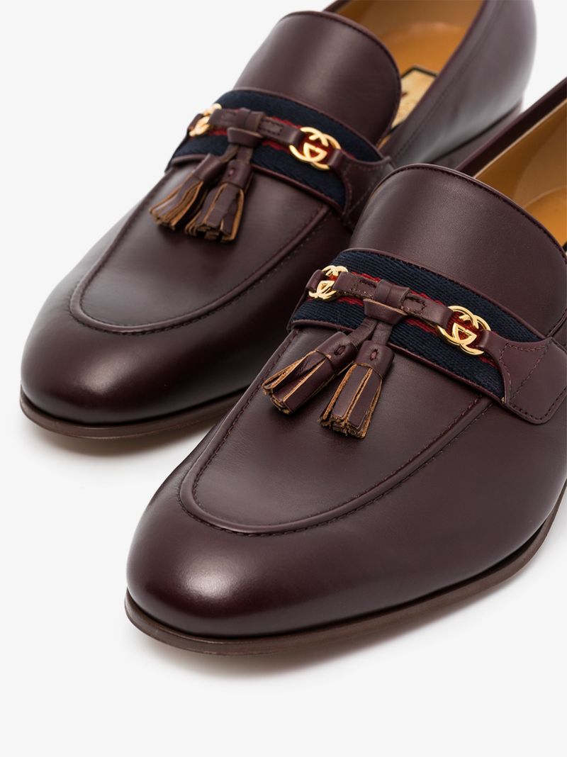 Brown Web Detail Interlocking G Leather Loafers