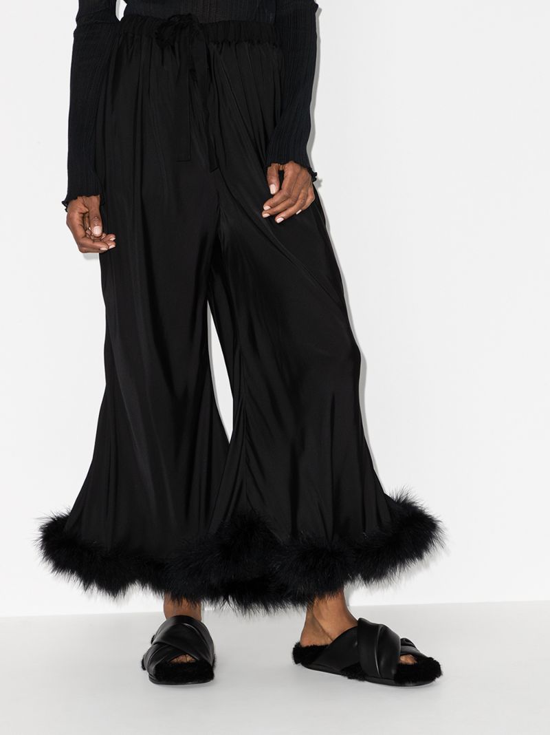 Black Boudoir Feather Trim Wide-leg Trousers