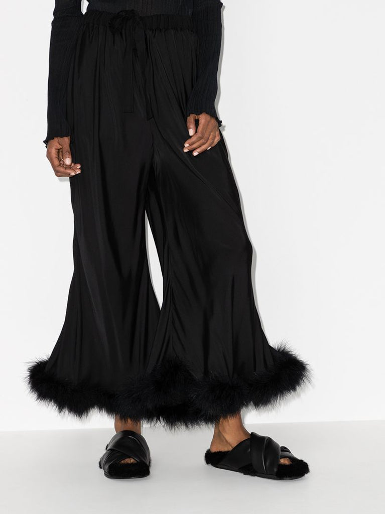 Black Boudoir Feather Trim Wide-leg Trousers