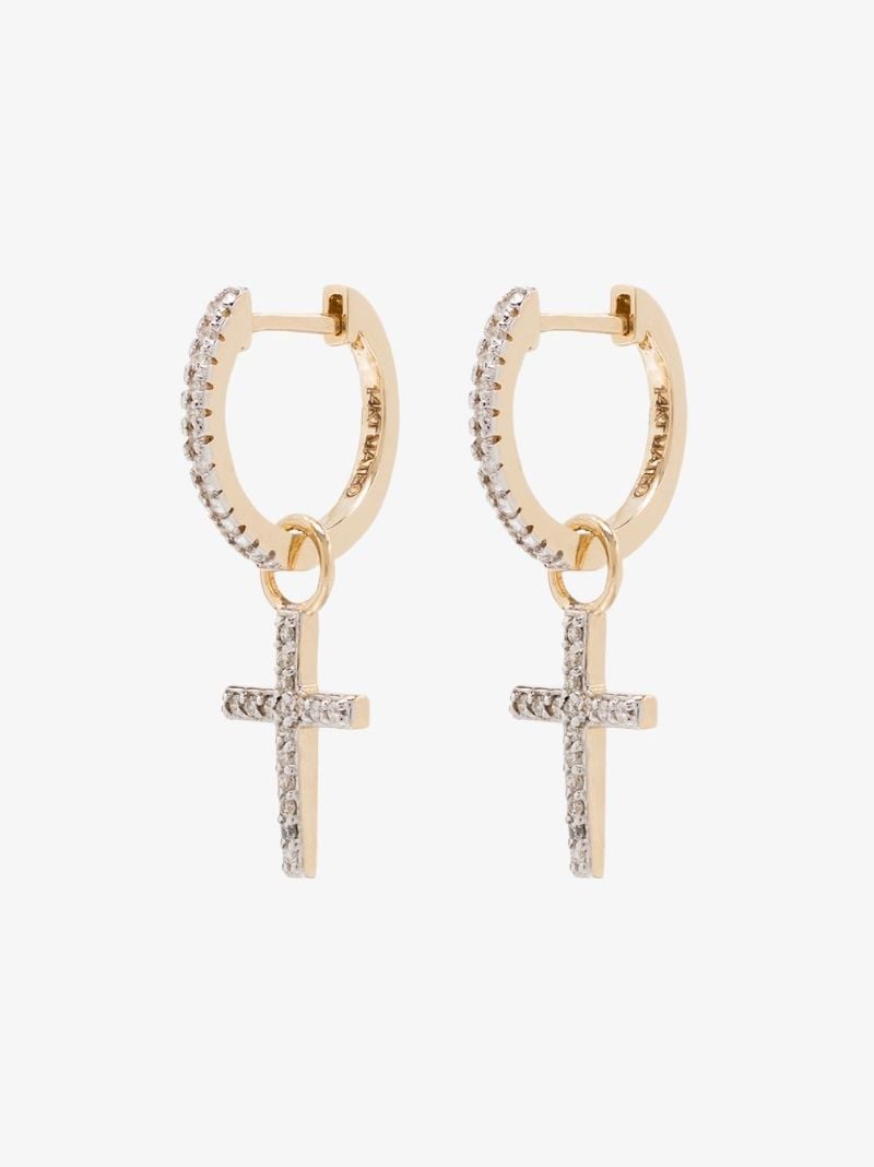 14k Yellow Gold Diamond Cross Huggie Earrings