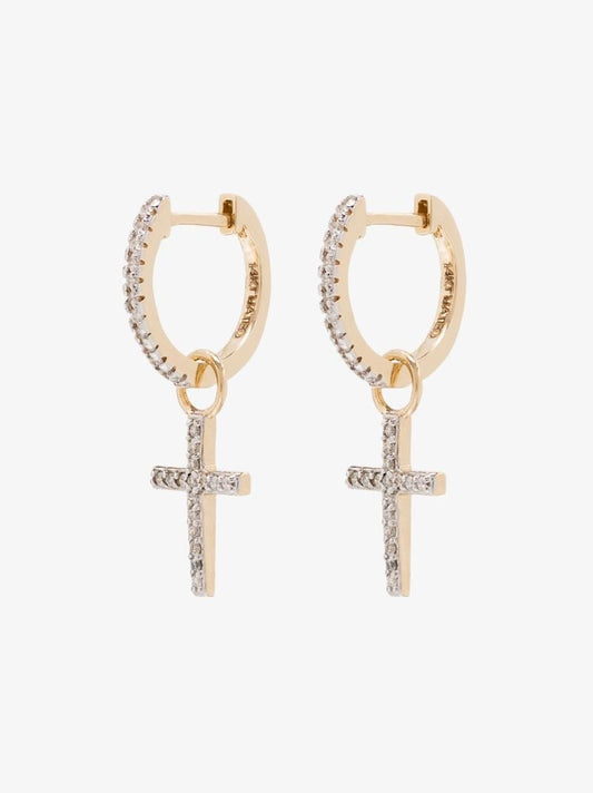 14k Yellow Gold Diamond Cross Huggie Earrings