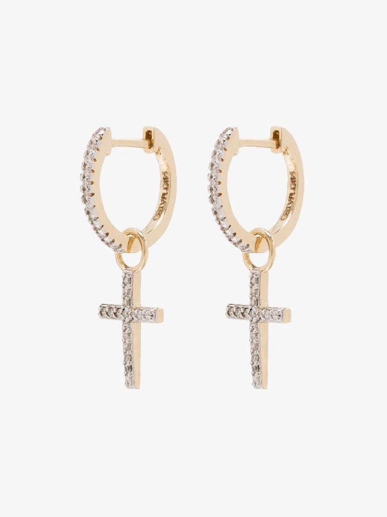 14k Yellow Gold Diamond Cross Huggie Earrings