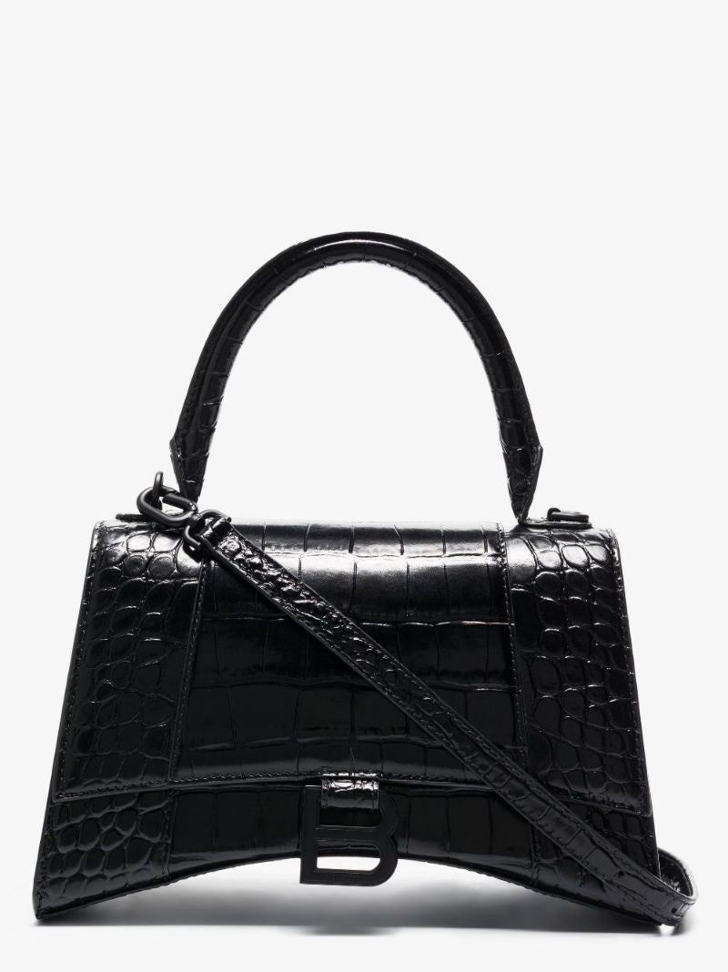 Black Hourglass Crocodile Embossed Leather Bag