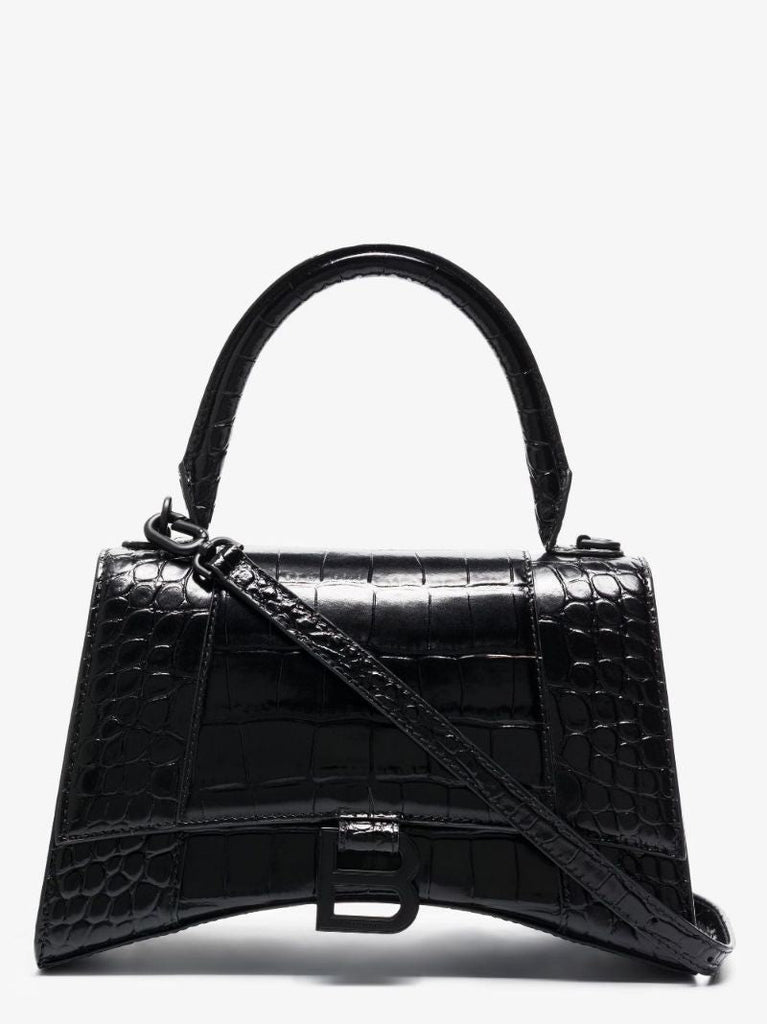 Black Hourglass Crocodile Embossed Leather Bag