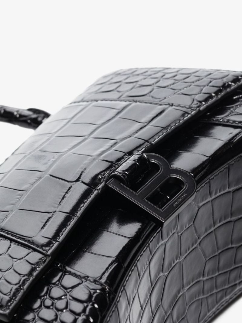 Black Hourglass Crocodile Embossed Leather Bag