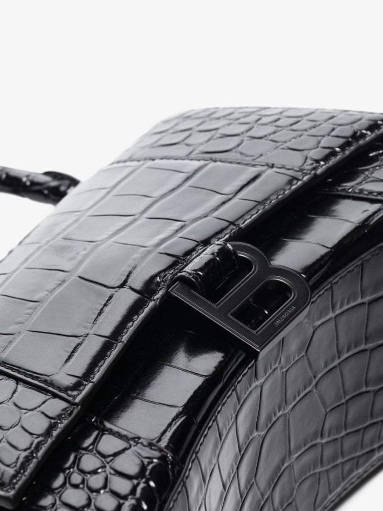 Black Hourglass Crocodile Embossed Leather Bag